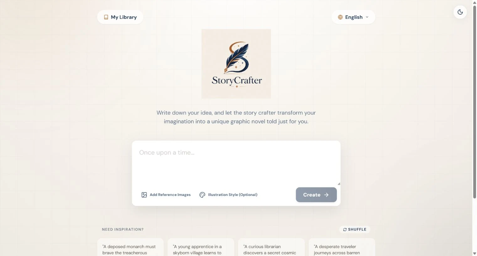Story Crafter cream-colored creation page with idea field, reference images and language selection